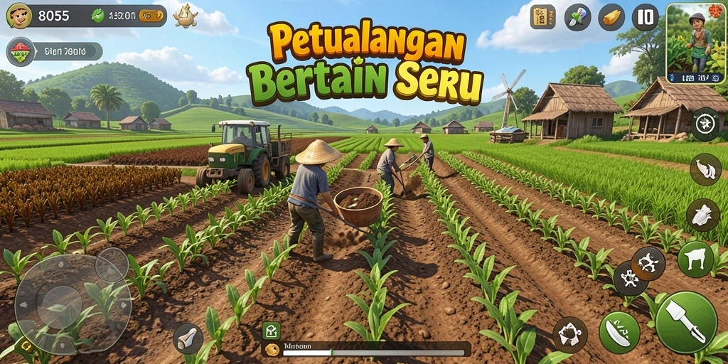 Tangkapan layar utama 8055 menampilkan gameplay bertani yang menyenangkan.