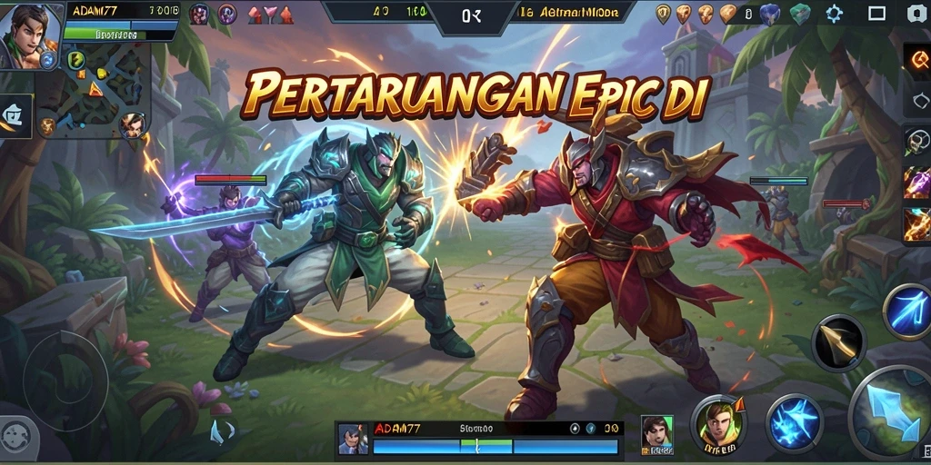 Screenshot ADAM77 menampilkan aksi seru pertarungan MOBA.