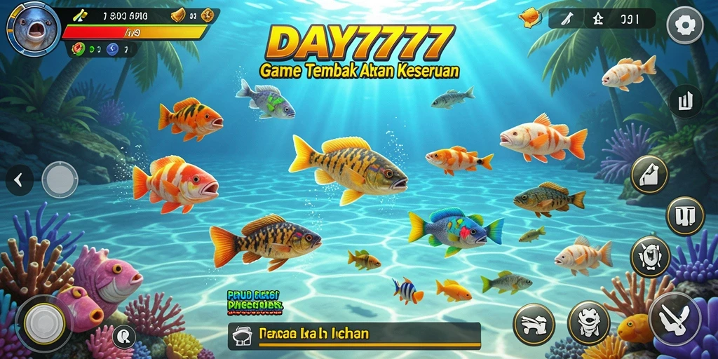 Tangkapan layar menunjukkan aksi seru di game Tembak Ikan DAY777.