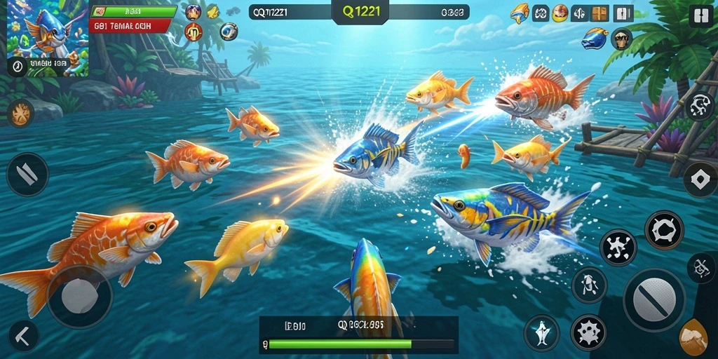 Screenshot gameplay QQ1221 menampilkan aksi seru dalam menembak ikan.