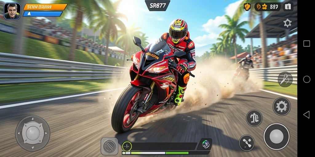 Gameplay seru SR877 dengan aksi balapan motor yang mendebarkan.